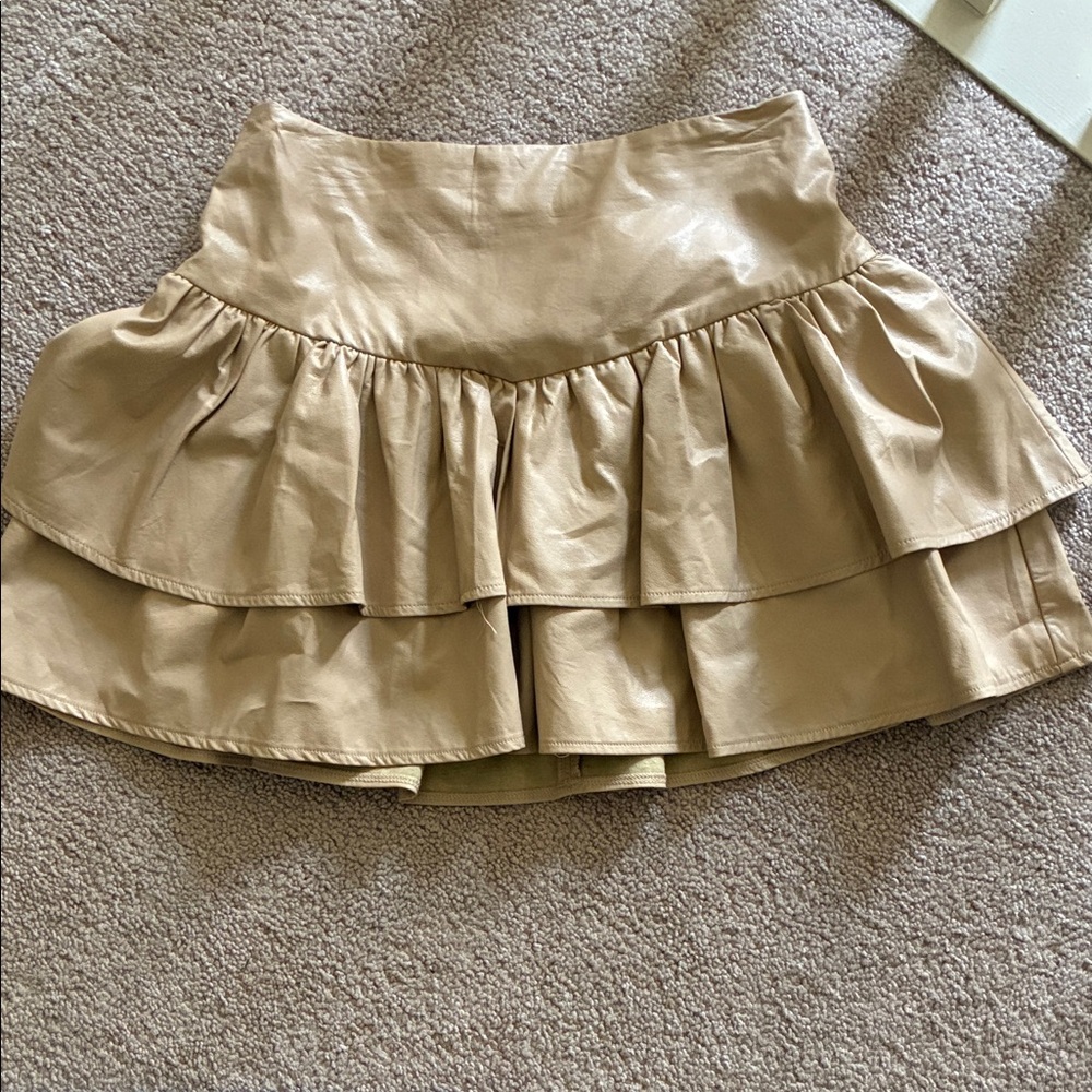 TCEC Cream-Tan Faux Leather Double Ruffle Mini Skirt
